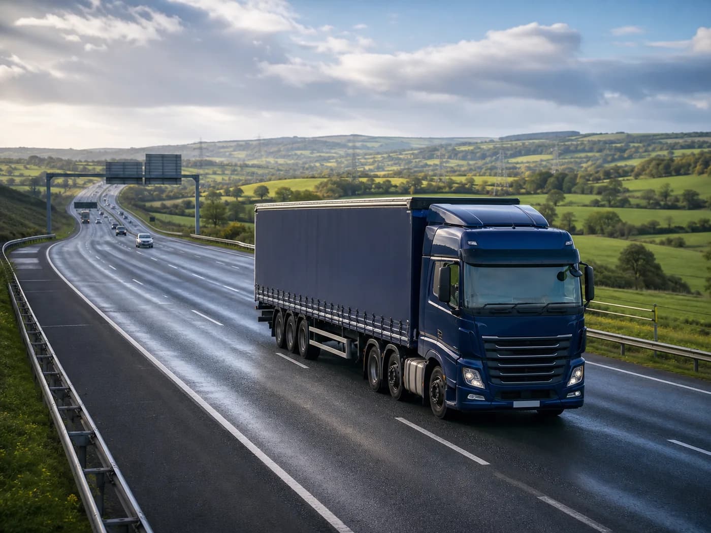 Unbranded articulated freight truck travelling on an open British motorway
